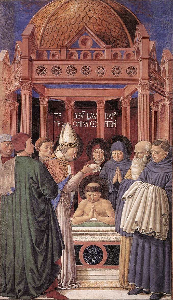Fresco of Ambrose baptizing Saint Augustine, by Benozzo Gozzoli Fresco of Ambrose baptizing Saint Augustine, by Benozzo Gozzoli