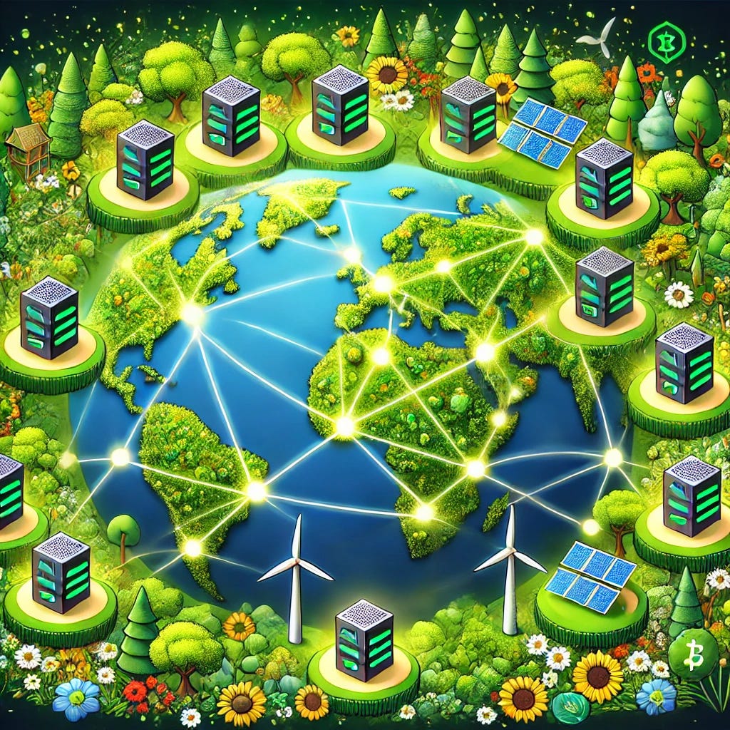 A beautiful, lush green illustration of decentralized storage servers across the world connected in a decentralized storage network. Each server node is nestled within vibrant greenery, surrounded by trees, flowers, and symbols of sustainability like solar panels and wind turbines. The Earth is depicted with continents dotted by these servers, linked by glowing lines that represent secure, interconnected data flow. The scene has a harmonious, eco-friendly atmosphere, emphasizing nature and technology working together in balance. The image avoids any cryptocurrency symbols, focusing solely on the natural, decentralized network of global storage.