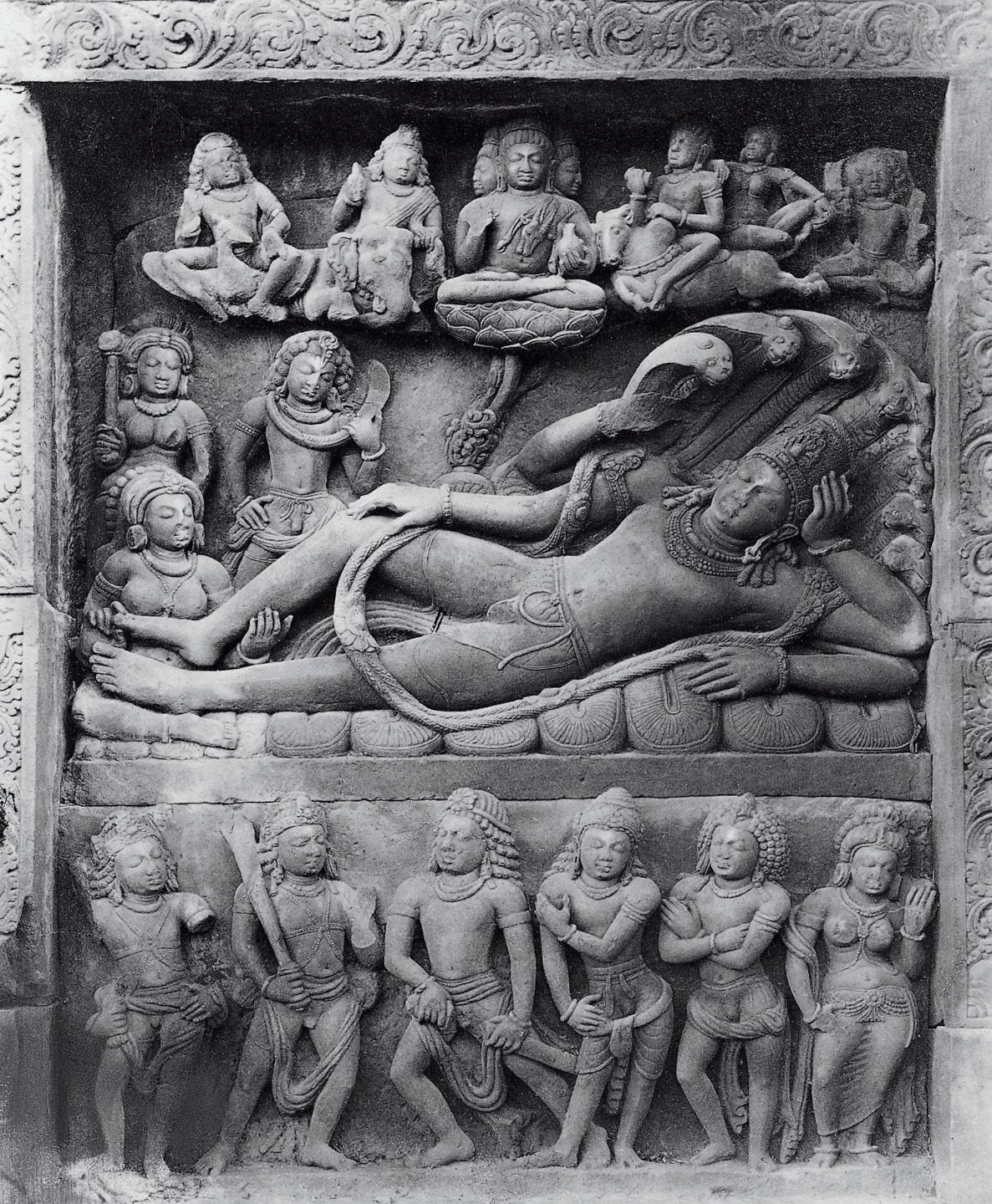 Vishnu Lying on the Cosmic Waters" -or- "Vishnu Dreaming the Universe", c.  450–500 CE. Relief panel. Temple of Vish… | Hindu art, Eastern art, Indian  art paintings