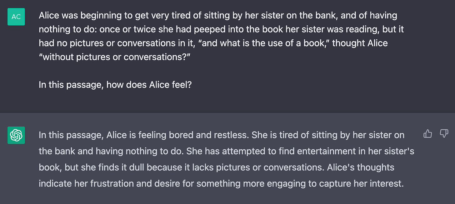 Conversation with ChatGPT about the first passage of "alice's adventures in wonderland". ChatGPT correctly identifies that she's feeling bored and restless