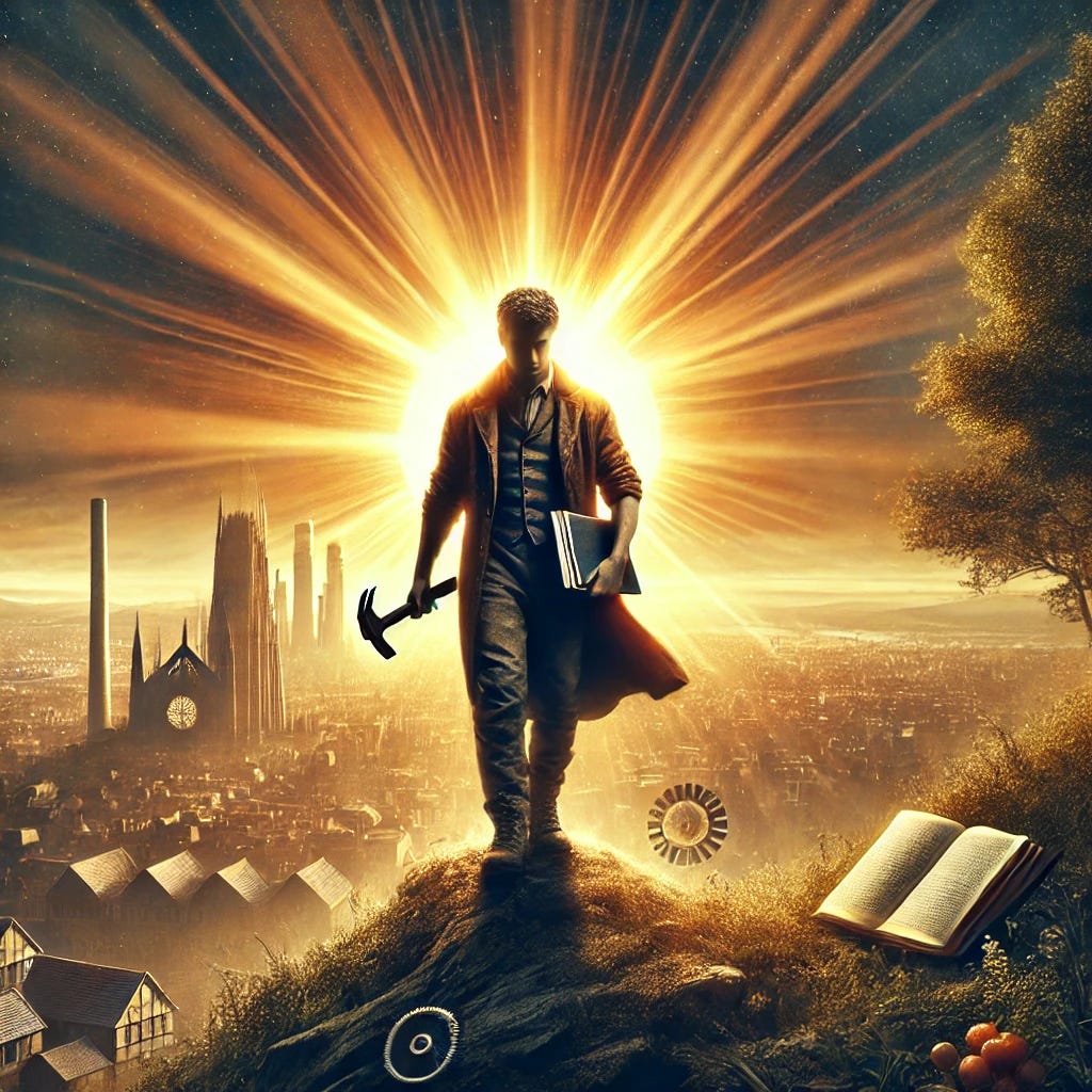 A powerful image representing individualism, showcasing a lone figure standing confidently in front of a rising sun. The figure, dressed in rugged work clothes, holds tools symbolizing hard work and merit - a hammer in one hand and a book in the other. In the background, a landscape of a thriving city built on principles of hard work and merit is visible. The sun's rays highlight the figure, emphasizing determination, resilience, and the fruits of individual effort.