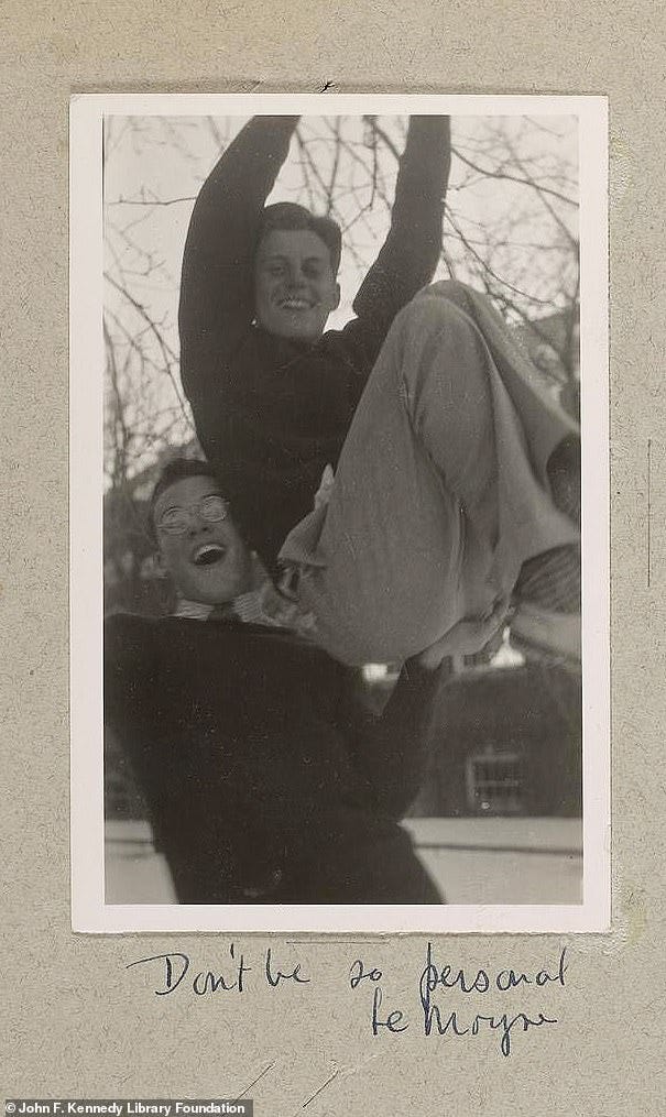 A photograph of Lem hoisting Jack up by his backside on campus from Jack's Choate scrapbook, along with the scribbled caption, 'Don't be so personal, LeMoyne'.