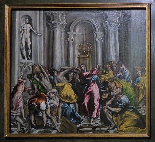 El Greco's painting of Jesus chasing the money changers out of the temple. Via Wikipedia.