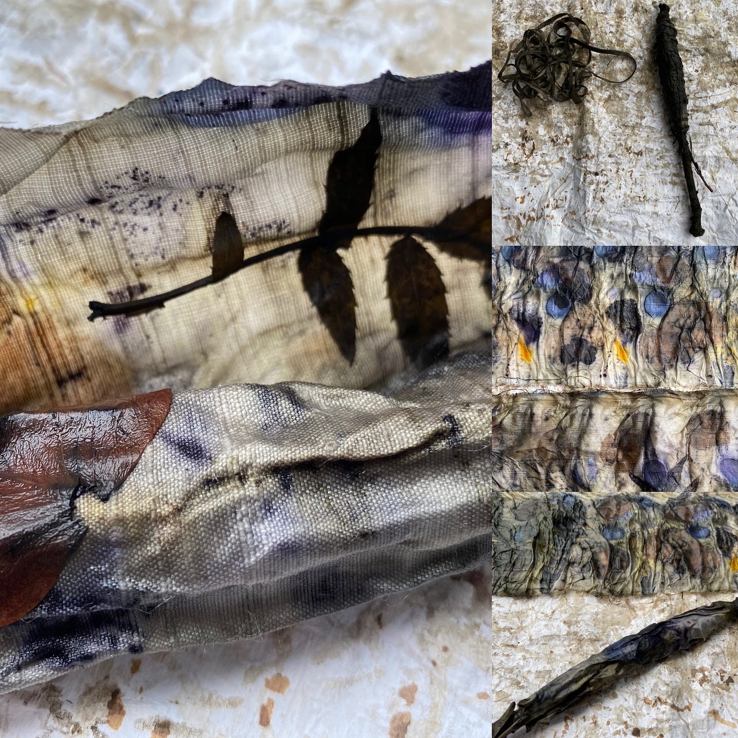 a composite of images of botanically printed cloth with leaf shapes in silhouette and patches of blue, yellow and greys