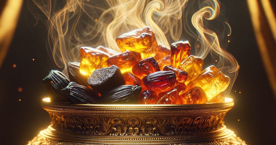 A golden ornate bowl filled with glowing amber-like resin and dark pieces, with fragrant smoke rising, symbolizing the gifts of frankincense and myrrh presented to Jesus by the wise men in Matthew 2:11 KJV.