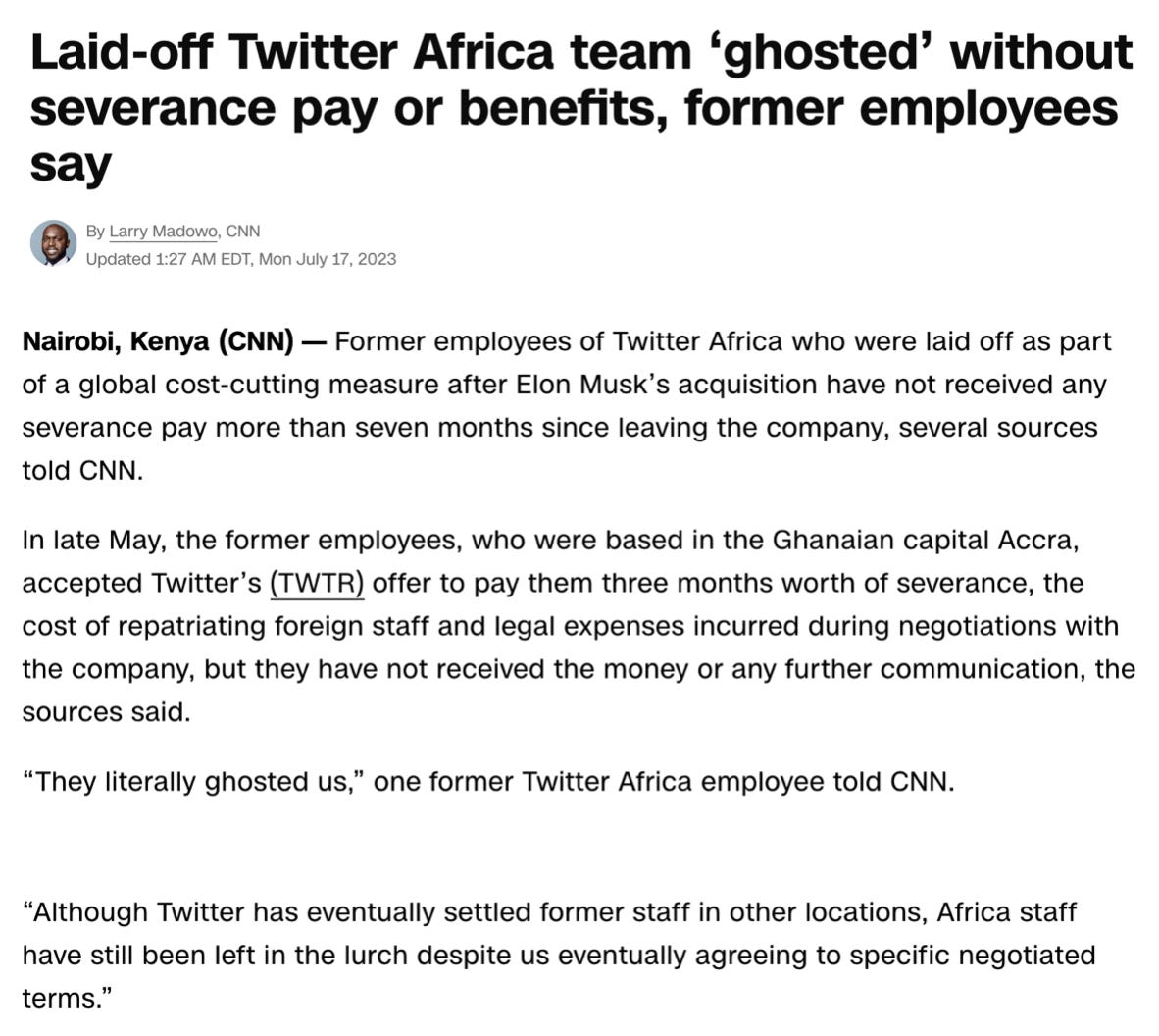 Screenshot of a CNN article titled "Laid-off Twitter Africa team 'ghosted" without severance pay or benefits, former employees say