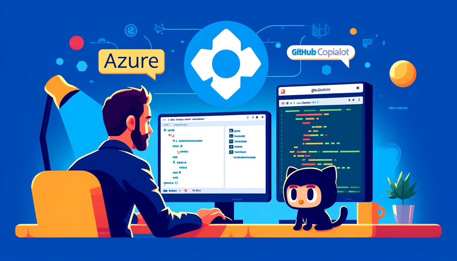 A user trying the Azure Copilot extension in GitHub Copilot Chat within VS Code. The user is at their desk, with the VS Code interface on their screen, showing GitHub Copilot Chat open. The chat window displays code suggestions and Azure-specific commands. The background has elements representing Azure and GitHub, like the Azure logo and GitHub's Octocat, creating a tech-focused, productive atmosphere.