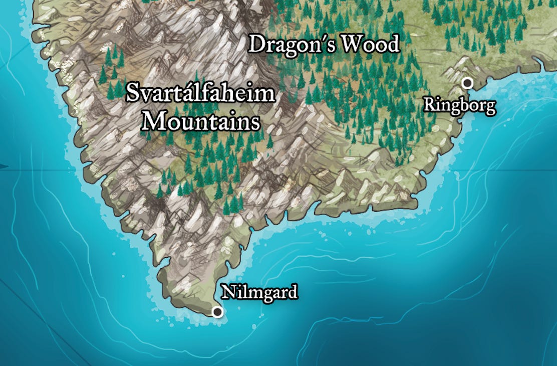 A section of a map showing Nilmgard at the edge of a landmass below a huge mountainous region