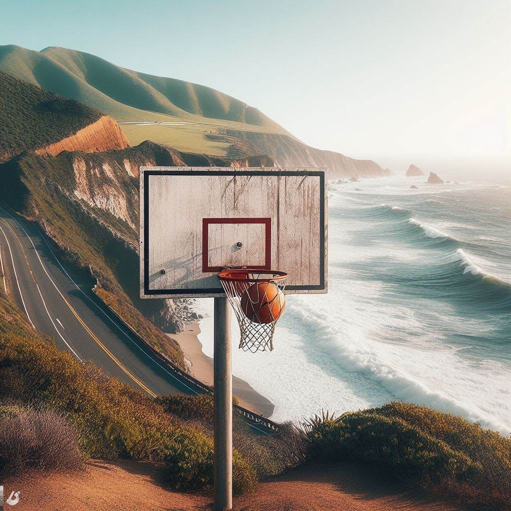 A basketball goal on the side of the Pacific Coast Highway, fauvism