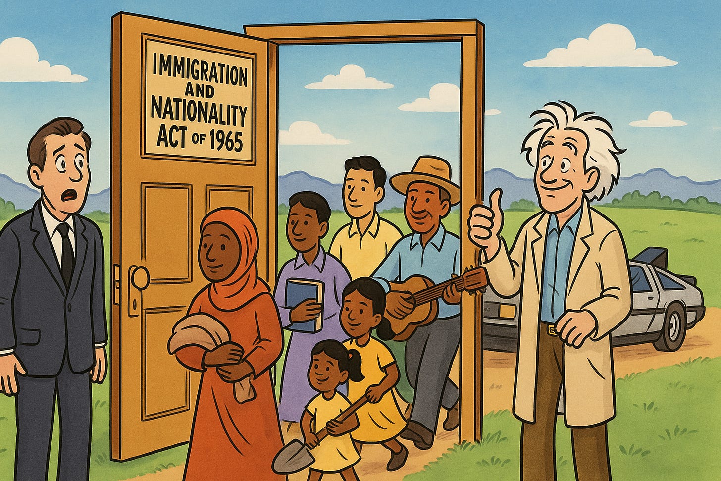 A colorful cartoon depicts a giant open door labeled 'Immigration and Nationality Act of 1965.' Bright sunlight streams through the door as a diverse group of immigrants—men, women, and children carrying books, musical instruments, and farming tools—walk forward into a grassy landscape. To the left, a stunned man in a 1960s-style business suit looks on in surprise. To the right, Doc Brown from 'Back to the Future' stands beside a DeLorean, smiling warmly and giving a thumbs-up. A colorful cartoon depicts a giant open door labeled 'Immigration and Nationality Act of 1965.' Bright sunlight streams through the door as a diverse group of immigrants—men, women, and children carrying books, musical instruments, and farming tools—walk forward into a grassy landscape. To the left, a stunned man in a 1960s-style business suit looks on in surprise. To the right, Doc Brown from 'Back to the Future' stands beside a DeLorean, smiling warmly and giving a thumbs-up.