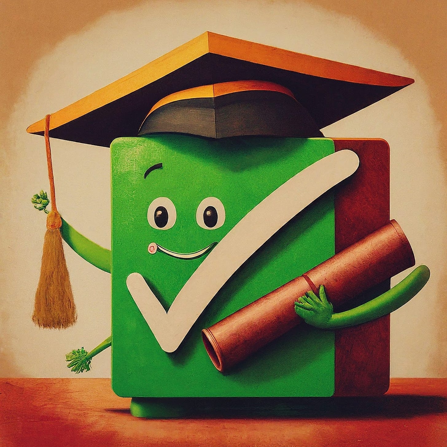 Image of a large green checkbox with a smiling face made with googly eyes and wearning a graduation hat. Generated by Google Gemini.