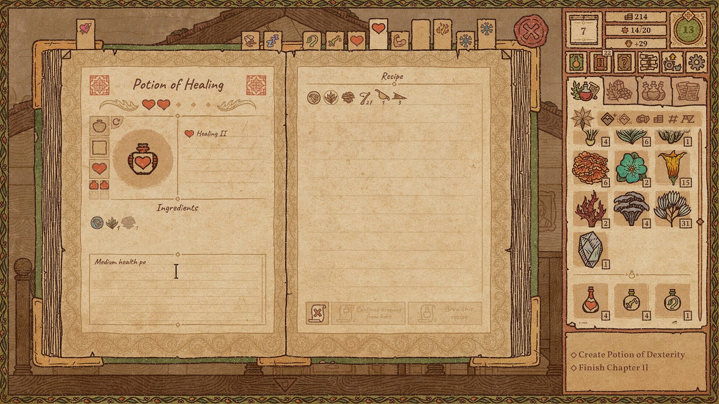 Screenshot from Potion Craft depicting a recipe book.