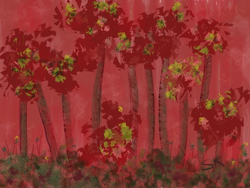 Painting by Sherry Killam Arts depicting a stand of red trees with red and chartreus foliage against a red background.