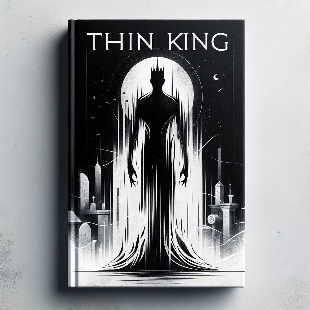A modern and minimalist monochrome book cover for 'Thin King Astanlow'. The cover art conveys a blend of horror and fantasy through a sleek, abstract design. It depicts the silhouette of a king gradually becoming thinner, transforming into a form that's not quite human. This transformation is symbolized through the use of fading lines or shadowy, fragmented forms that blur the line between human and otherworldly. The background suggests elements of an ancient empire, with abstract shapes representing journals and scrolls, hinting at the story's narrative style. The design is stark and enigmatic, with negative space enhancing the sense of mystery and transformation. The title and author's name are styled in a modern, sans-serif font to maintain the minimalist aesthetic.