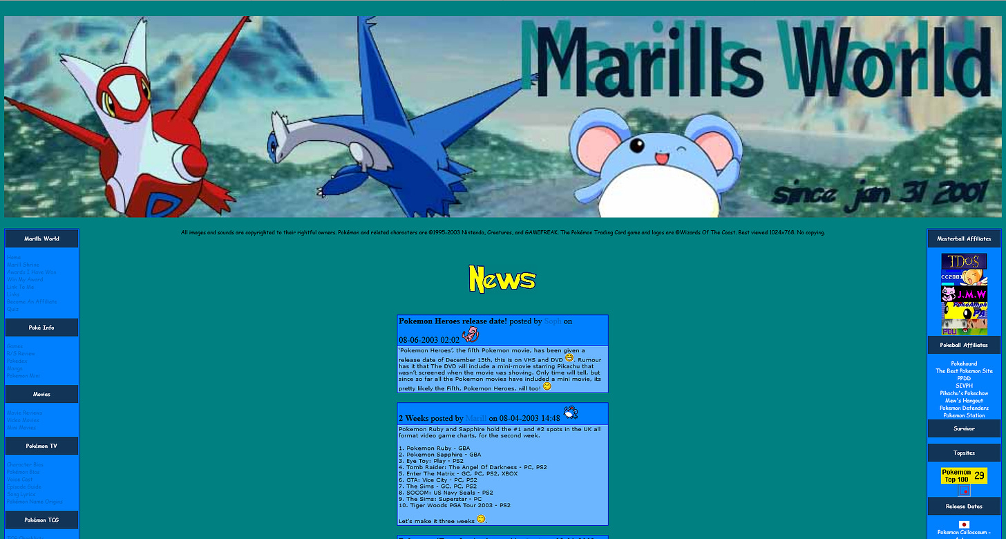 The Marills World website in August 2003