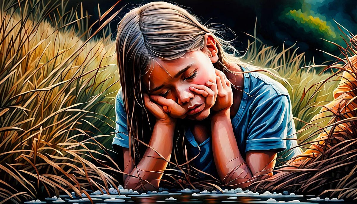 Young girl sobbing, head bowed, resting on the rough grass by the stream