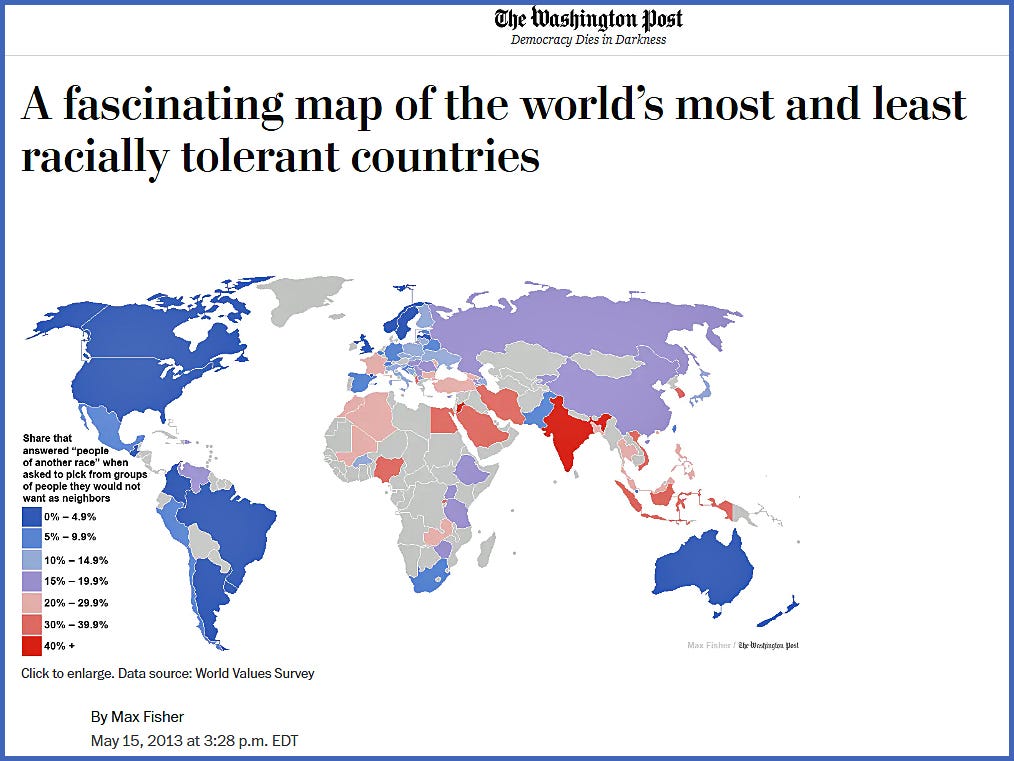 World map showing most and least tolerant countries