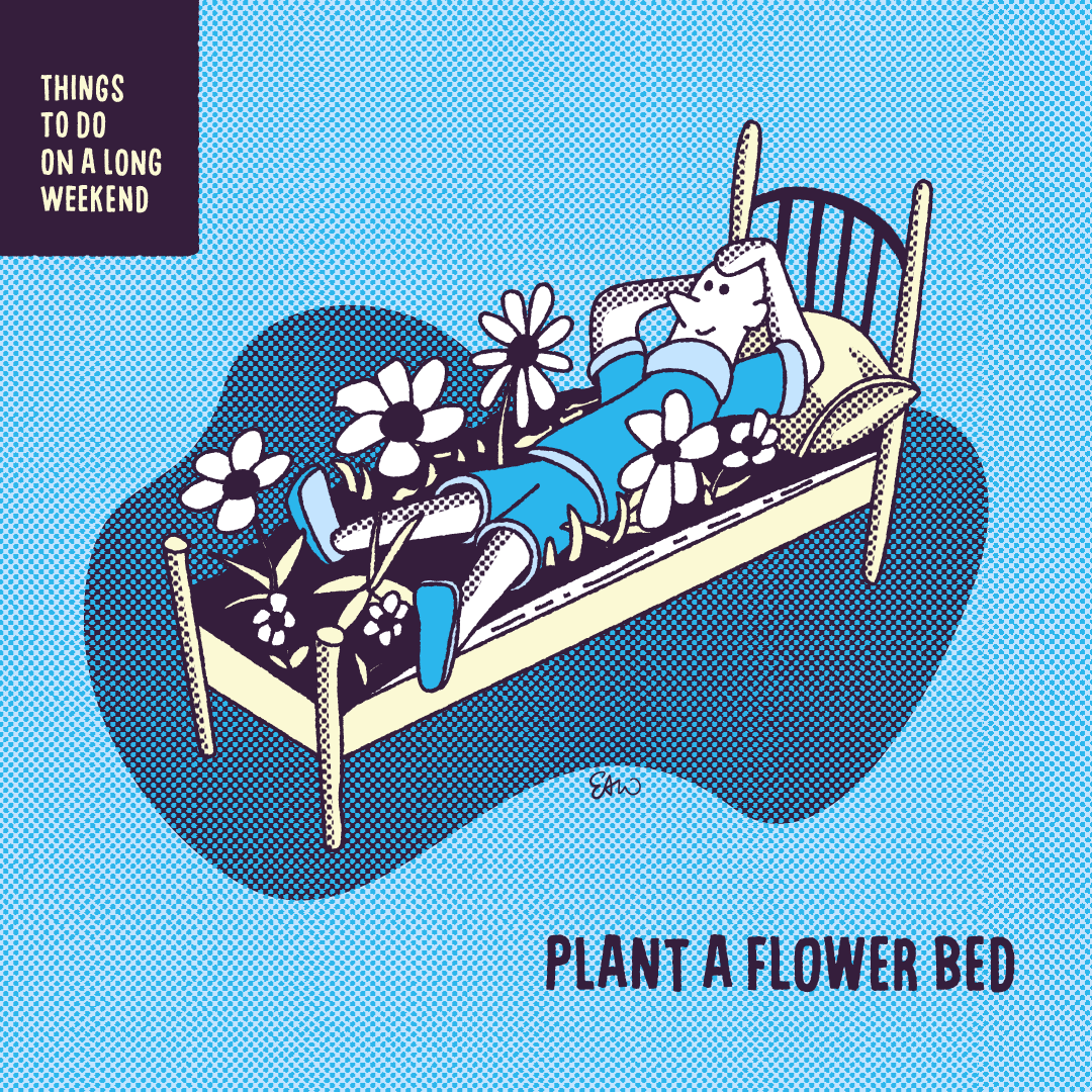 Illustration of a human figure on a bed with a pillow. The bed is filled with dirt and there are daisies growing around the person. The caption reads, Things to Do on a Long Weekend. Plant a Flower Bed.