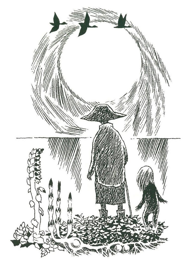 Black and white line drawing of a woman with a cane wearing a large hat and a small child with light colored hair, standing on a cliffside looking out at a bright image of the sun or the moon over the sea