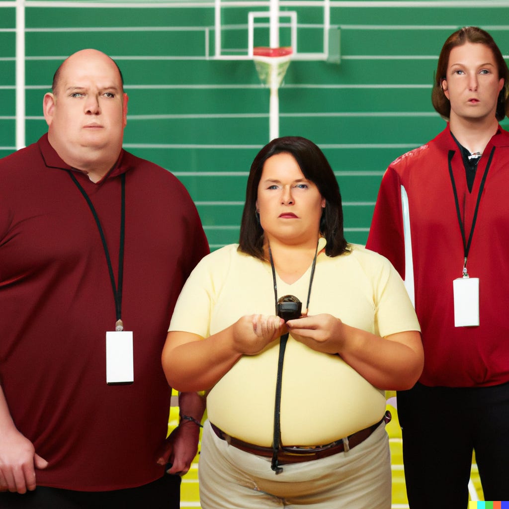 My prompt: A photograph of three stereotypical gym teachers. One is a woman, two are men. They are all strange looking people. One of the men is short and fat with typical male pattern baldness. The other man is somewhat fit, but it looks like his best days have passed. The woman is scowling in disapproval. They all have whistles around their necks. None of them are exemplars of physical fitness. 
