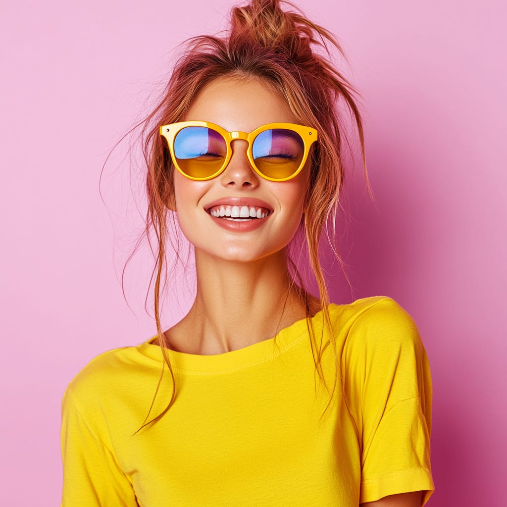 imagine a young woman winking with one eye and smiling, wearing eye glasses and accessories with contrasting vivid colors. A studio shot, contrasting colors, single vivid color flat background color. Colors tone and shades #E11A72