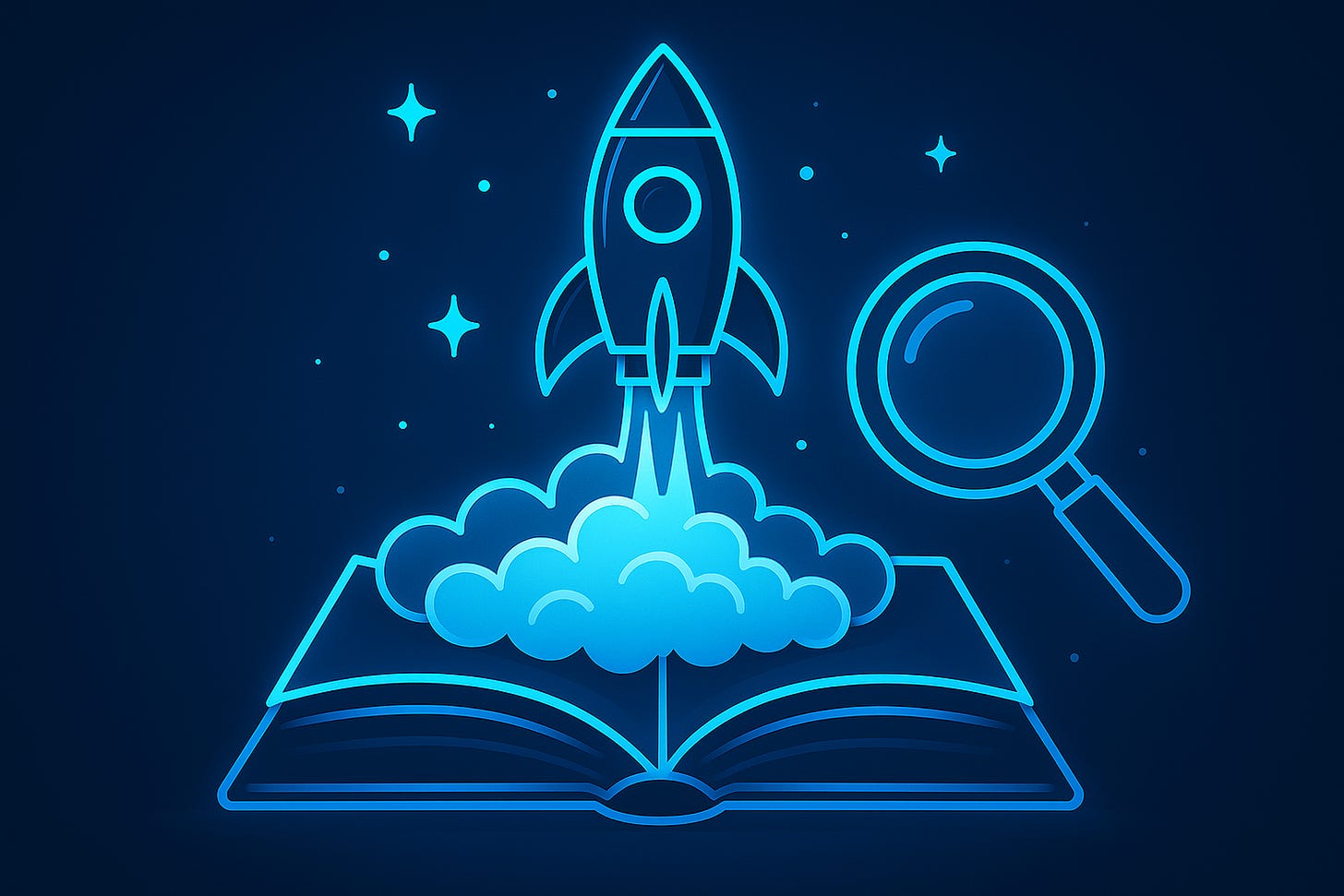 Futuristic digital illustration of an open book with a rocket ship launching from its pages, surrounded by stylized exhaust clouds. A magnifying glass hovers to the right, examining the scene. The artwork uses a modern color palette with clean lines, symbolizing how research leads to exploration, discovery, and the launching of new ideas.