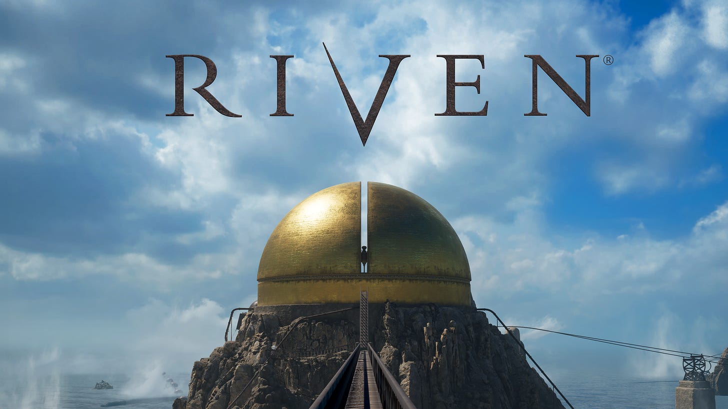 Cover art of Riven (2024) remake, showing the Great Golden Dome against the ocean and clouded sky.