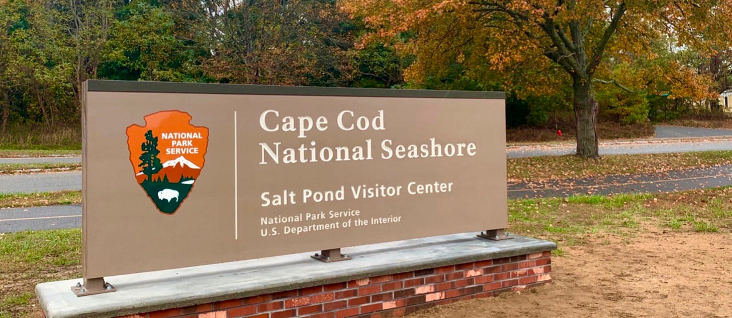 A new, brown park entrance sign sits on top of several rows of bricks. The sign reads: Cape Cod National Seashore, Salt Pond Visitor Center. There is a National Park Service arrowhead on the sign.
