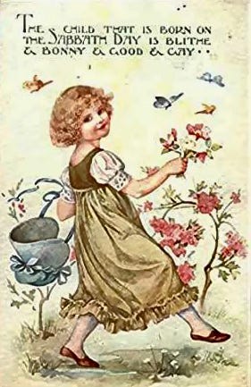 Victorian style drawing of a blond child carrying a bonnet in one hand and a bouquet of flowers in the other, surrounded by birds and butterflies, skipping through some flowers.