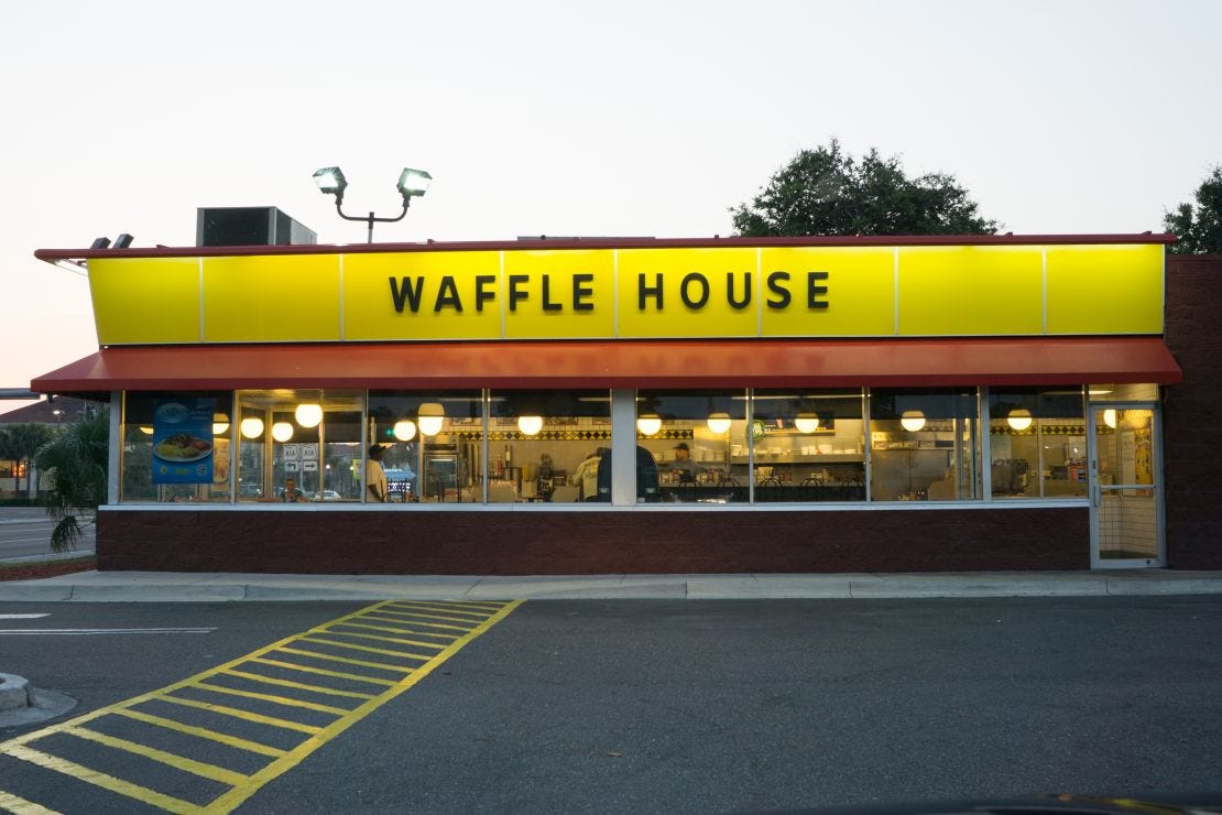 A picture of the exterior of a Waffle House location. The company confirmed Tuesday that the coronavirus pandemic has decimated much of its business and it has closed at least 420 locations nationwide as a result.