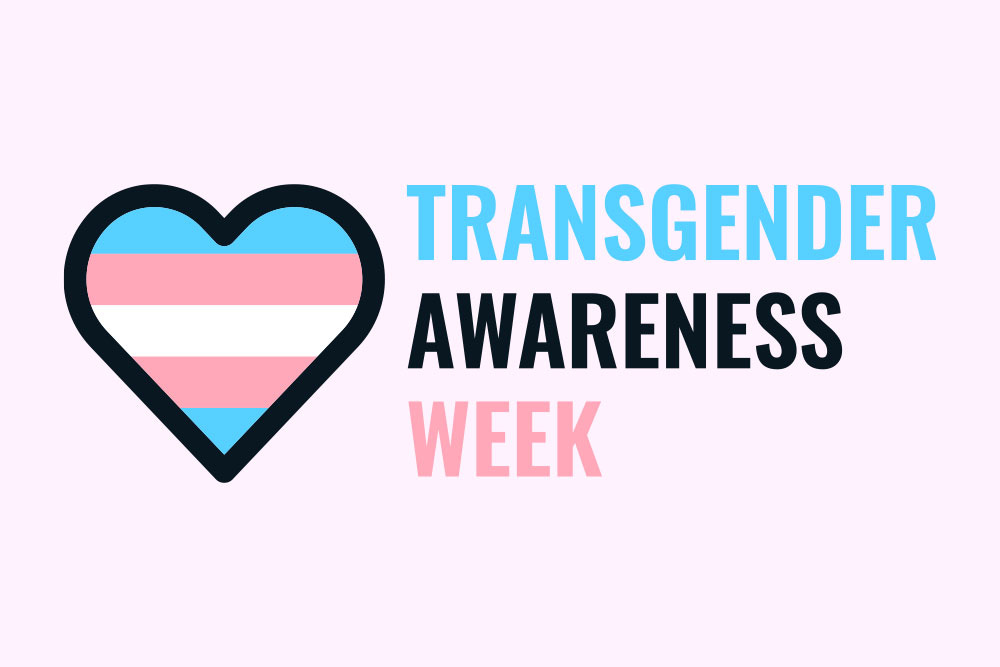 Transgender Awareness Week over a pink background with a trans pride flag colored heart