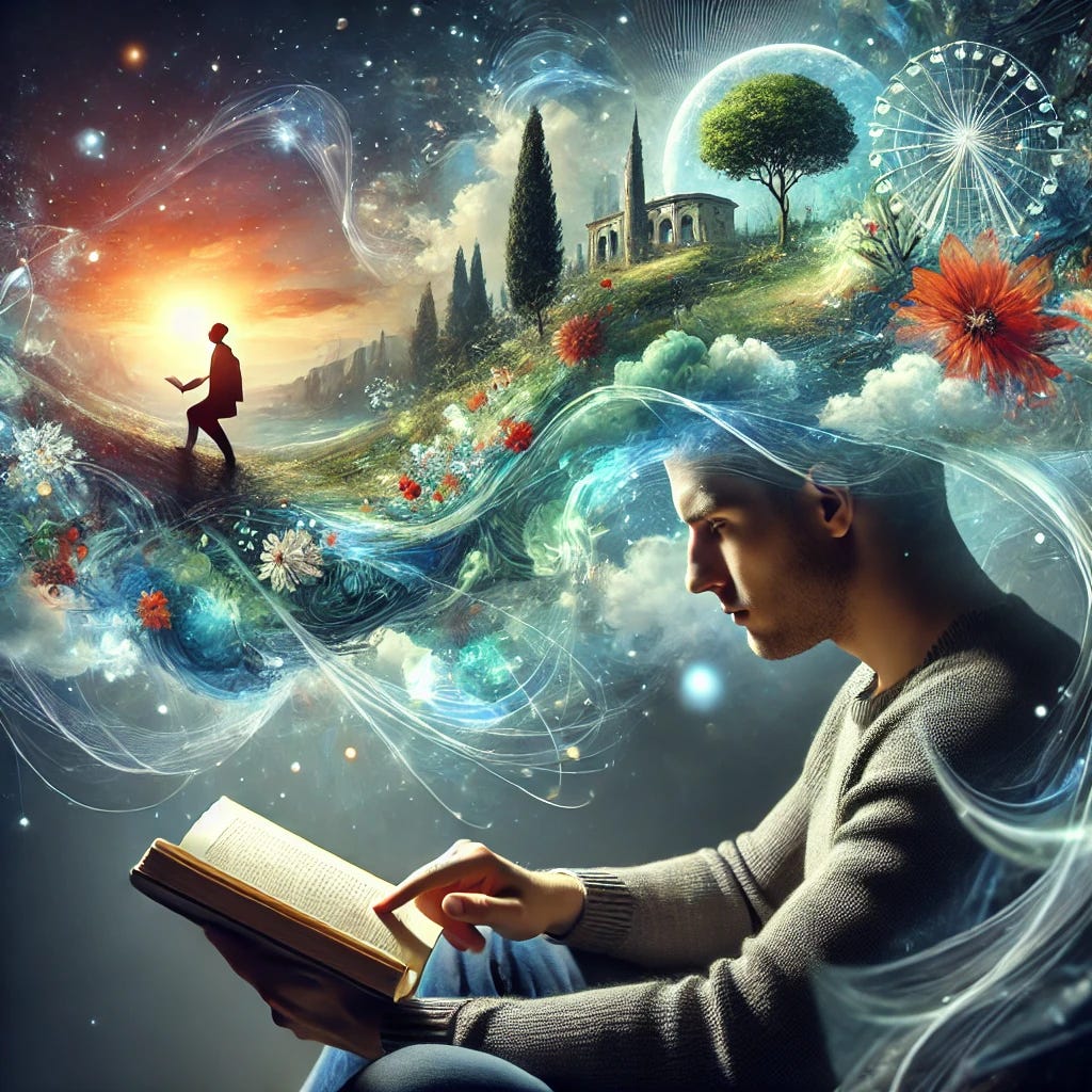 A person deeply engaged in reading a book, sitting comfortably with relaxed posture. Above their head, fragmented, abstract snapshots of vivid scenes are emerging, but not photo-realistic. These include a serene landscape, a distant castle, and a figure walking through a forest. The visuals are ethereal, translucent, and slightly blurry, representing imaginative mental images that are fleeting and dreamlike. Soft, glowing colors and flowing lines connect the imagery to the reader, showing the process of visualization during reading. The overall feel is surreal, blending reality with the abstract nature of the imagination.