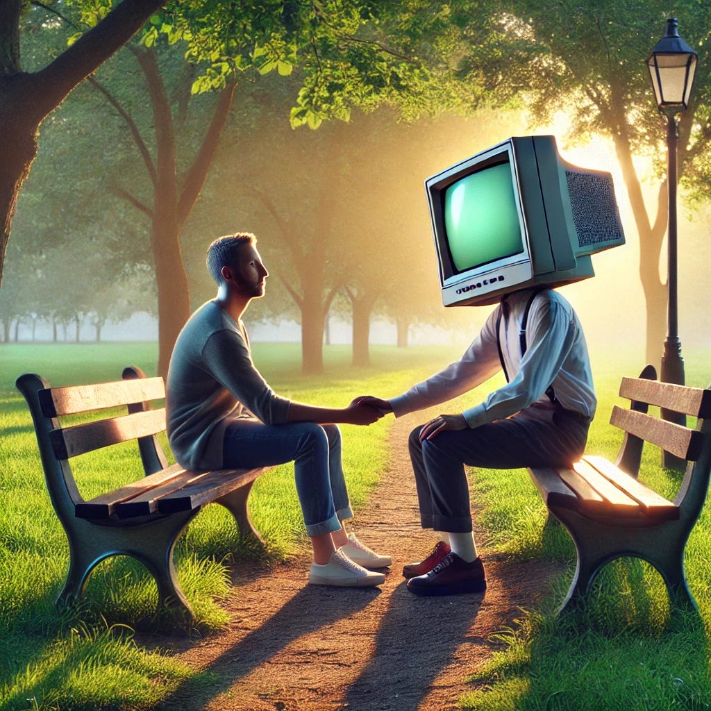 A high-art, realistic photograph of a person sitting on a park bench, holding hands with another person whose head is an old-style CRT monitor. The setting is a peaceful, green park with soft sunlight filtering through the trees. The human is dressed casually, looking at the CRT-headed figure with a mix of curiosity and contemplation. The CRT monitor is slightly tilted as if engaging in a conversation. The scene has a surreal yet thought-provoking atmosphere, blending realism with a touch of sci-fi.