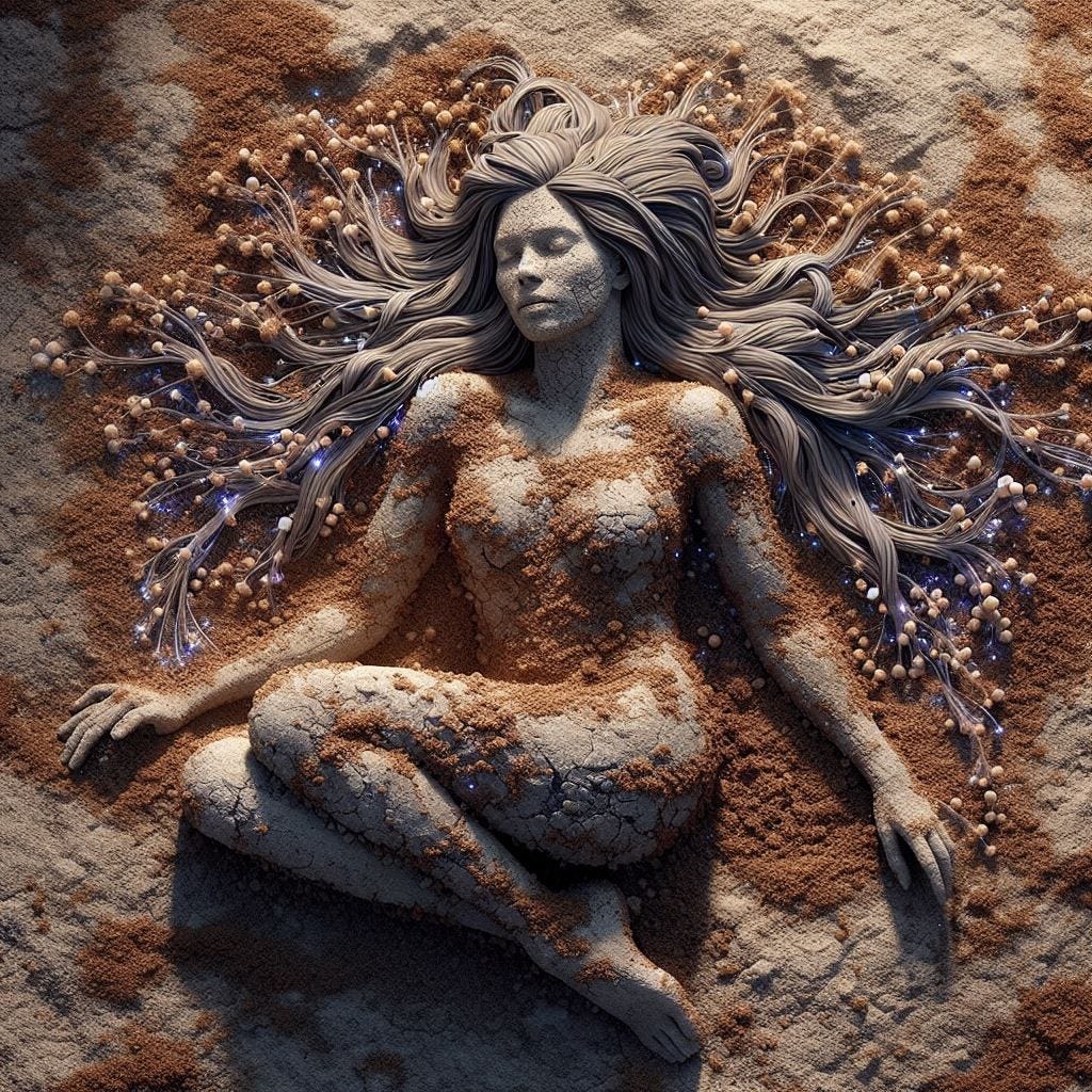 Hyper realistic grey stone woman in sitting in brown  dress made of dirt in dirt and mud. dirt covered earth with woman. Her hair is made of long strands of brown river grass. dirt is brown and tan and amber and purple blue grey.  tiny cream and light purple mycellium, Sempervivum spp. (Hens and Chicks) Tree overhead is casting tiny leaf shadows on person. transluscent energy waves emenate out from her.Sunny day. tiny blue prisms of light Ethereal . Luminescent