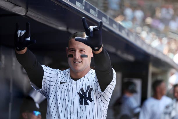 Anthony Rizzo of the New York Yankees celebrates after his fourth inning home run against the Kansas City Royals during their game at Yankee Stadium...