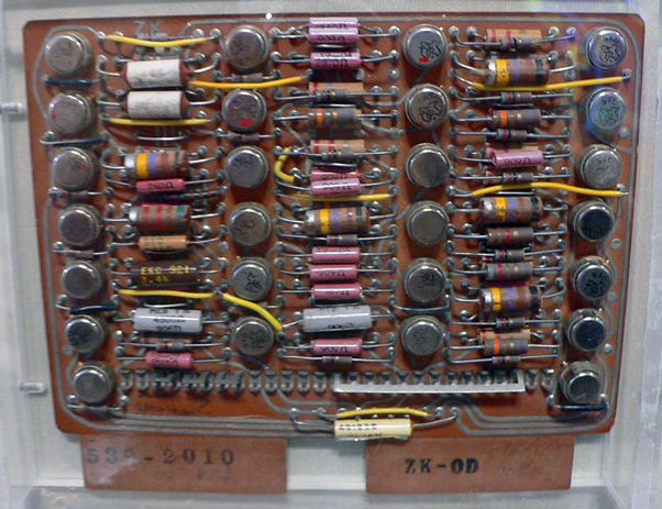 The image shows a close-up view of the inside of an electronic circuit board or device. It is filled with numerous resistors, capacitors, and other electronic components neatly arranged and soldered onto the board. The components are diverse in size and color, creating a visually intricate and densely packed pattern on the circuit board. This type of image is typically associated with the field of electronics, electrical engineering, or the inner workings of various electronic devices.