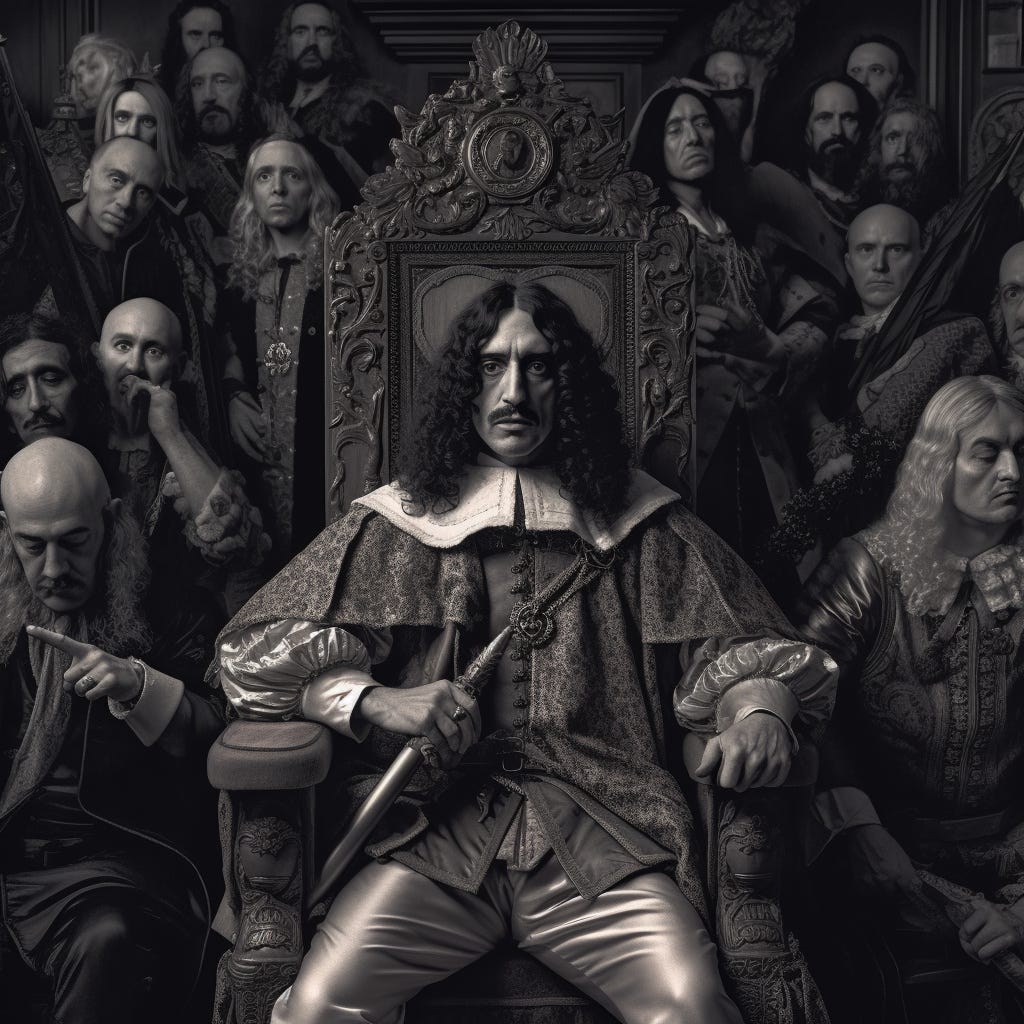 King Charles II on his throne, surrounded by his subjects, circa 1665