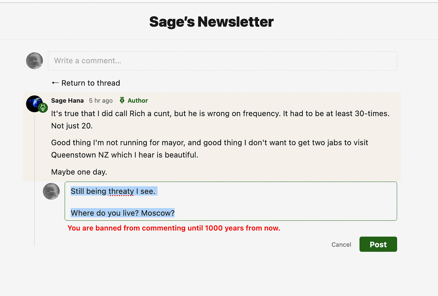 Sage bans me for 1000 years