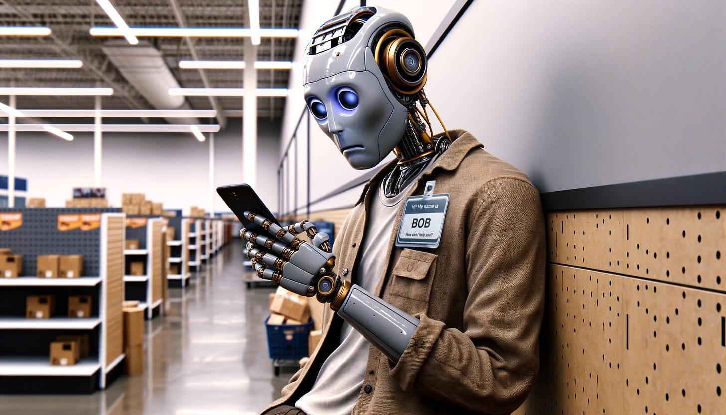 Slacker robot employee checking it social media on its phone