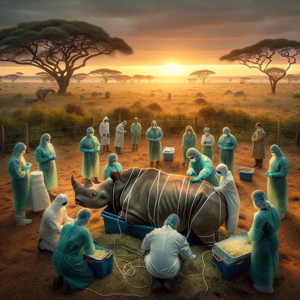 A groundbreaking moment in conservation, capturing the serene yet triumphant atmosphere of a wildlife reserve at sunrise. The image showcases a team of dedicated scientists and conservationists, garbed in protective clothing, gathered around a sedated rhinoceros in a secure, natural habitat. They are carefully conducting an embryo transfer procedure, using advanced, non-invasive technology. In the background, the vast, tranquil savannah stretches towards the horizon, symbolizing hope and the potential for renewal. This scene is a powerful representation of human ingenuity and commitment to preserving the majestic northern white rhinos.