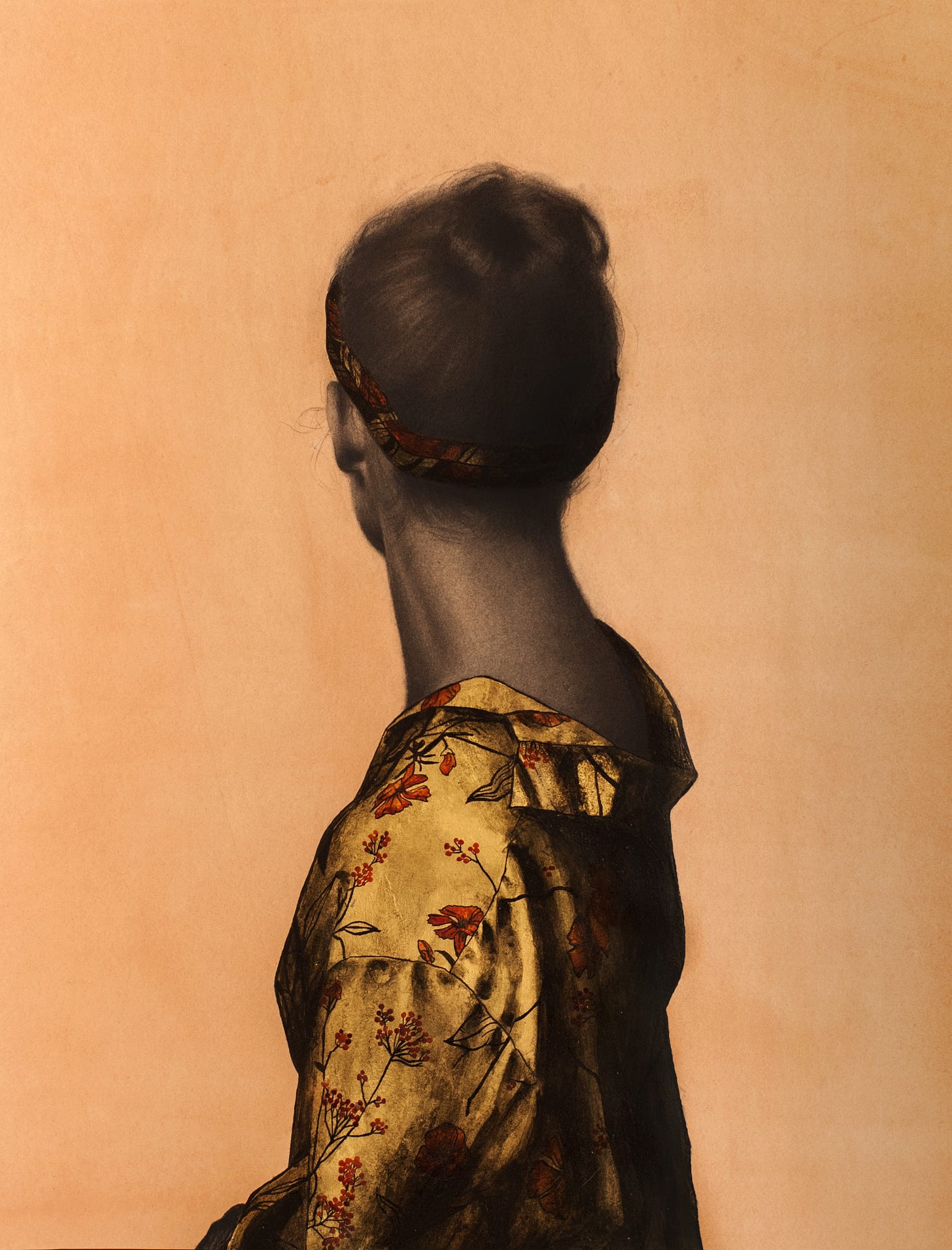 A portrait where the back of the head is facing us and she is wearing a beautiful detailed gold and red floral top. Her hair is up in a bun and the background is a pale pink 