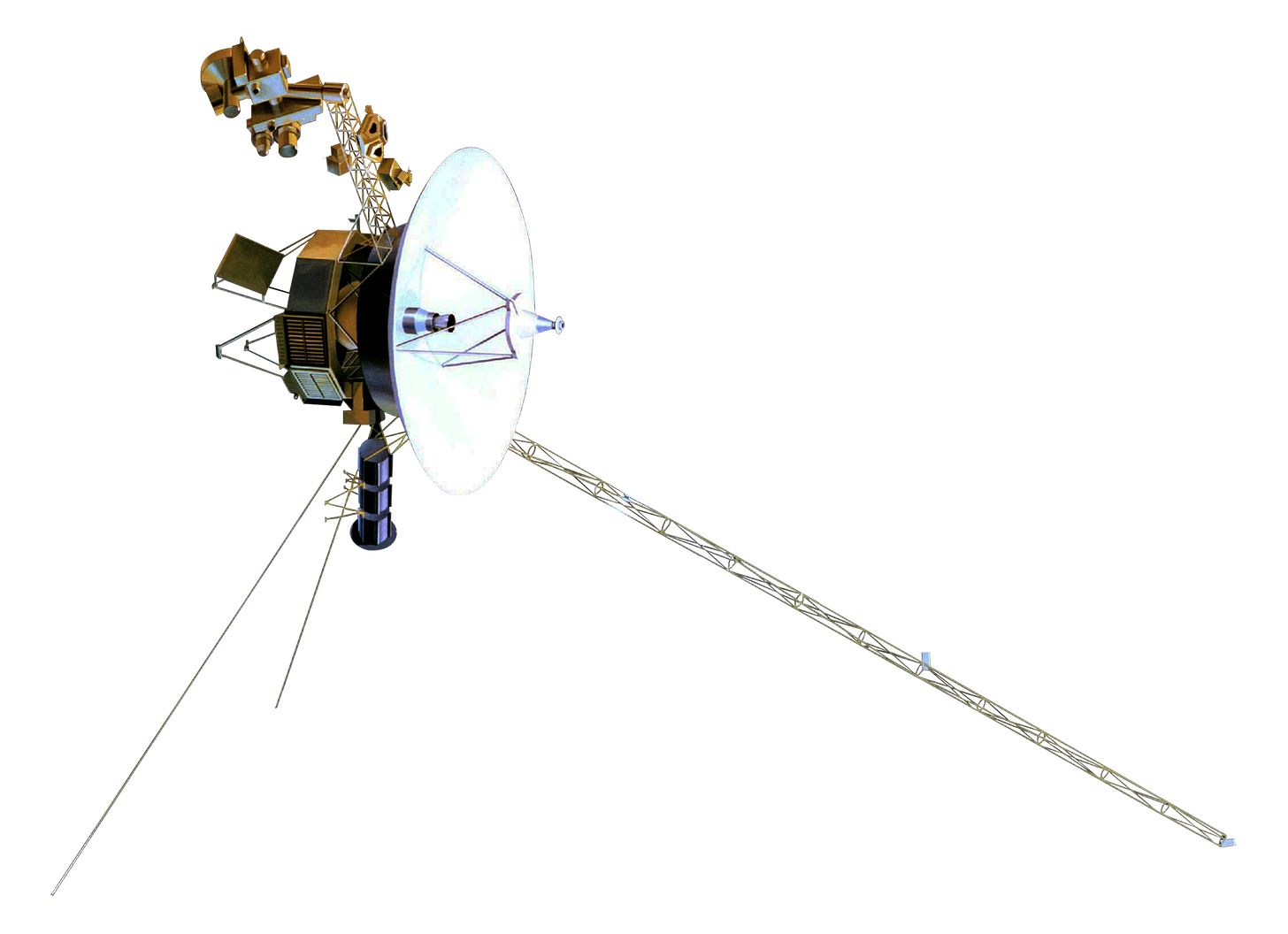 Artist's rendering of the Voyager spacecraft, a small-bodied spacecraft with a large, central dish and multiple arms and antennas extending from the dish