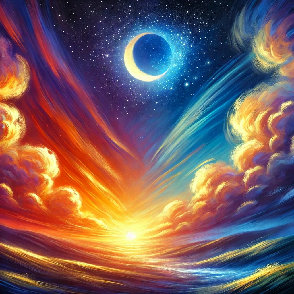 A vibrant oil painting depicting the importance of sleep, symbolized through a peaceful night sky blending into a warm sunrise, representing the transition between NREM and REM sleep stages. The background features a serene landscape with gentle, flowing hills under a starry sky. A crescent moon fades into fluffy clouds, and the horizon softly glows with the dawn, suggesting the connection between sleep and mental restoration. Use expressive brushstrokes and rich colors—deep blues and purples for the night sky transitioning into soft oranges and yellows for the sunrise, creating a calming yet dynamic atmosphere.