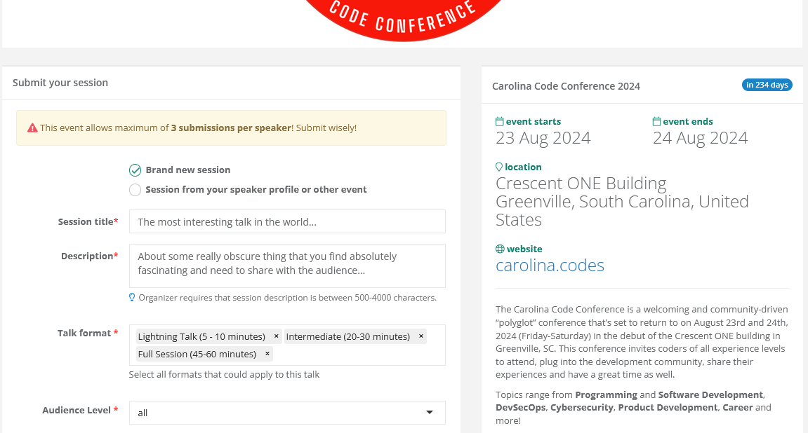 Use Sessionize to submit your talk to the 2024 Carolina Code Conference!