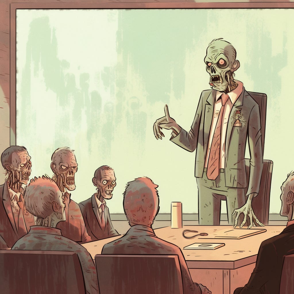 A zombie in a suit stands giving a talk to other zombies in suits around a table.