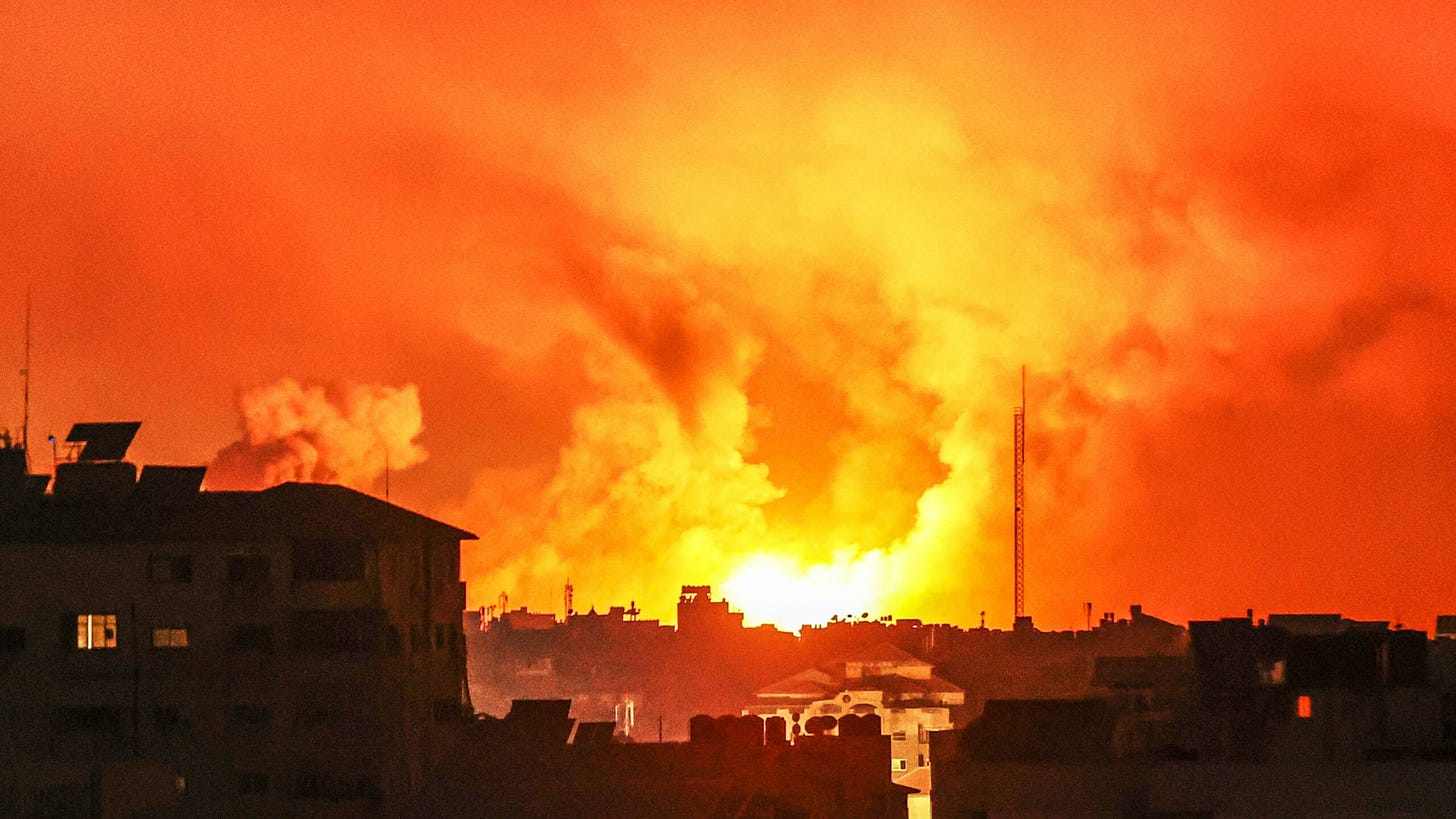 GAZA STRIP, GAZA - OCTOBER 27: Smoke rises and billows in different regions of Gaza as the Israeli army conducts the most intense air attacks on the 21st day in Gaza Strip, Gaza on October 27, 2023. Due to Israel cutting off electricity and not allowing fuel supplies, Gaza was plunged into darkness, and the sky was frequently illuminated by the bombs being dropped by Israeli aircraft.