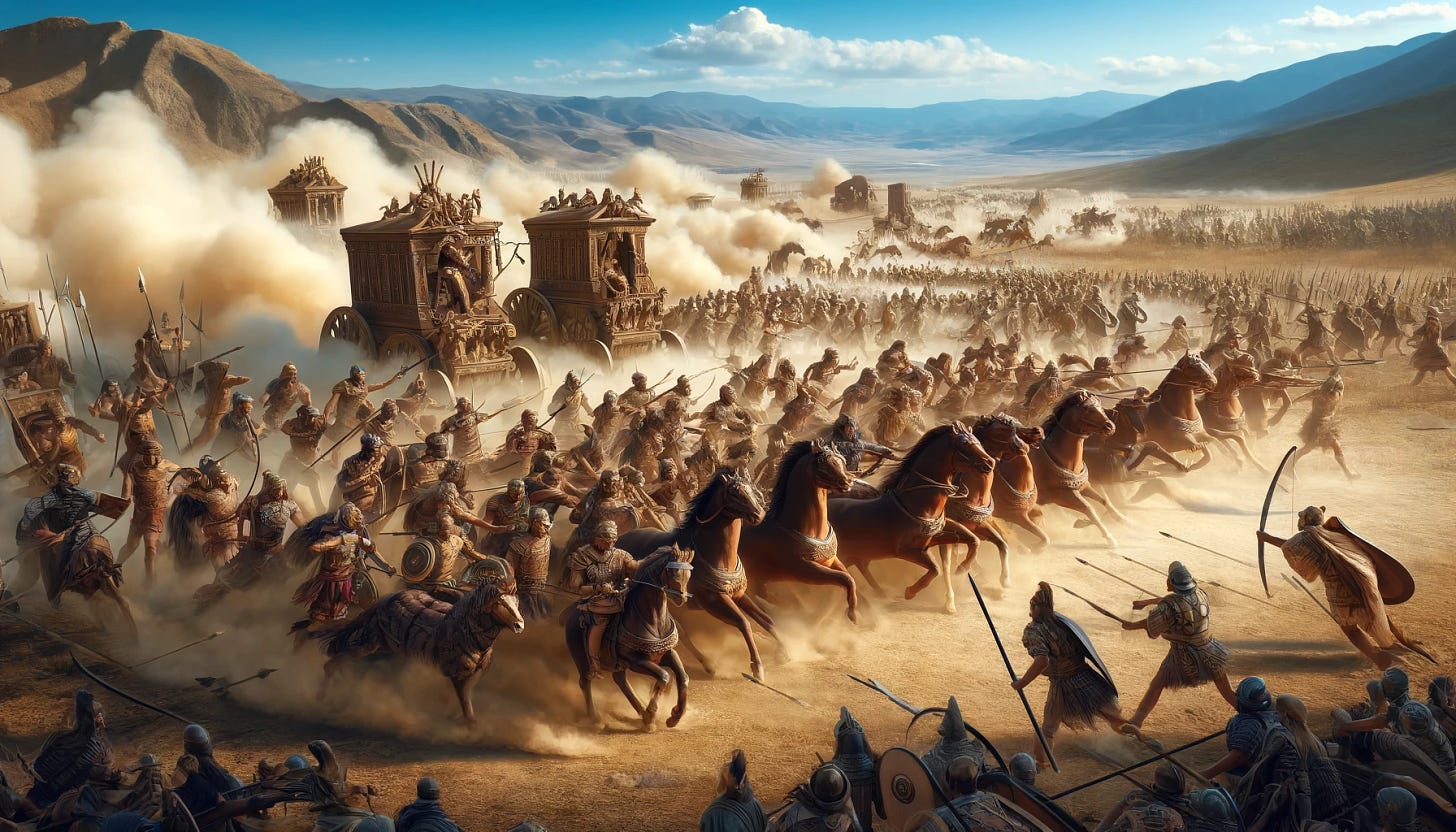 A historical battle scene in the ancient Near East around 1000 BC. The landscape is arid with sparse vegetation, under a clear blue sky. Armies of warriors, wearing bronze armor and wielding swords and spears, clash fiercely. Several chariots, pulled by horses, are actively involved in the battle, with archers shooting arrows from them. Dust clouds rise from the moving troops and horses, adding a dramatic effect to the scene. The backdrop features distant mountains and a few small buildings resembling ancient structures.