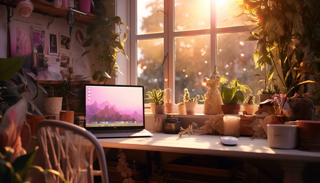 An AI generated image of a cozy little office nook. There is a laptop, lots of plants, and the sun is shining.
