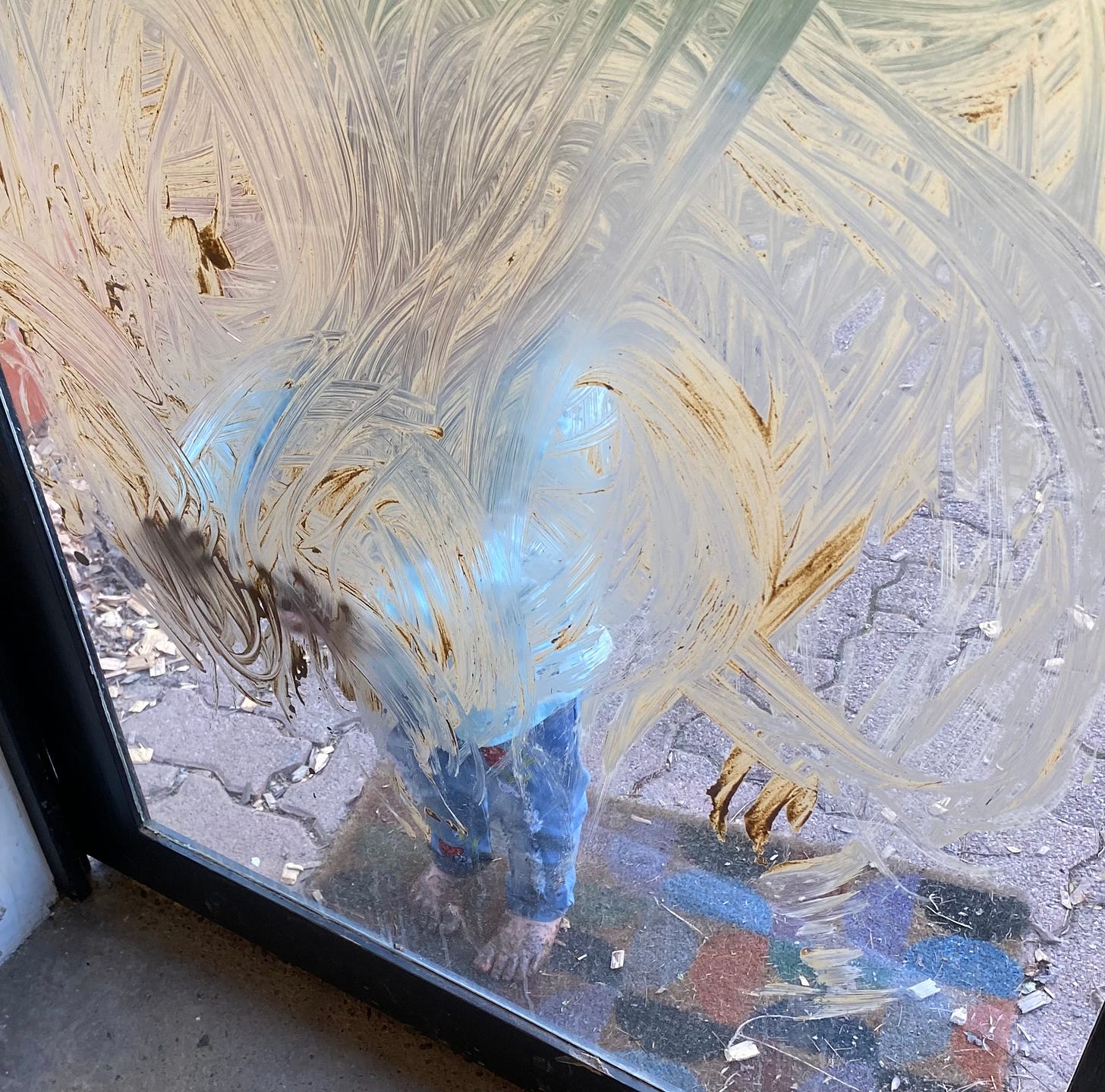 glass door with mud smeared on it