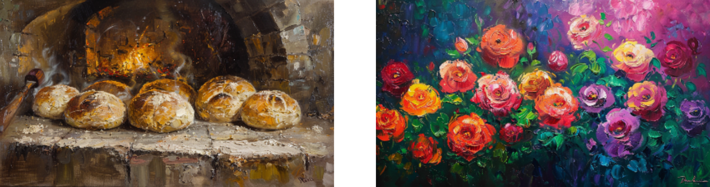 Left: Freshly baked loaves of bread cooling inside a rustic brick oven. Right: A vibrant oil painting of blooming roses in various colors, set against a dark background.